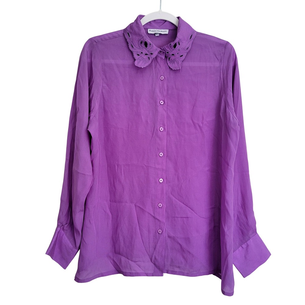 Karina Grimaldi Purple Silk Blend Eyelet Collared Button Down Blouse Large